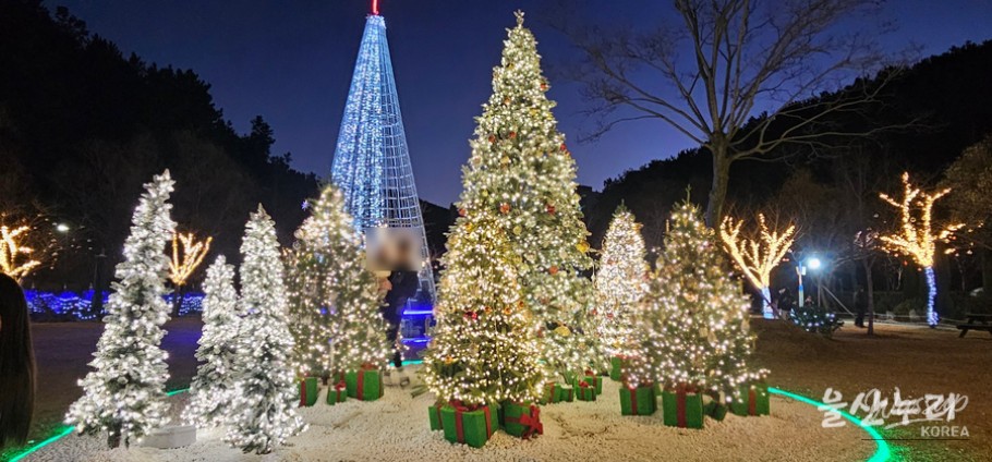 Children playing near the Christmas light installations at Seonam Lake Park