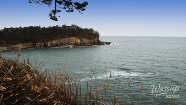 Winter sunset bathing the cliffs and sea of Jeokbyeokgang in warm colors