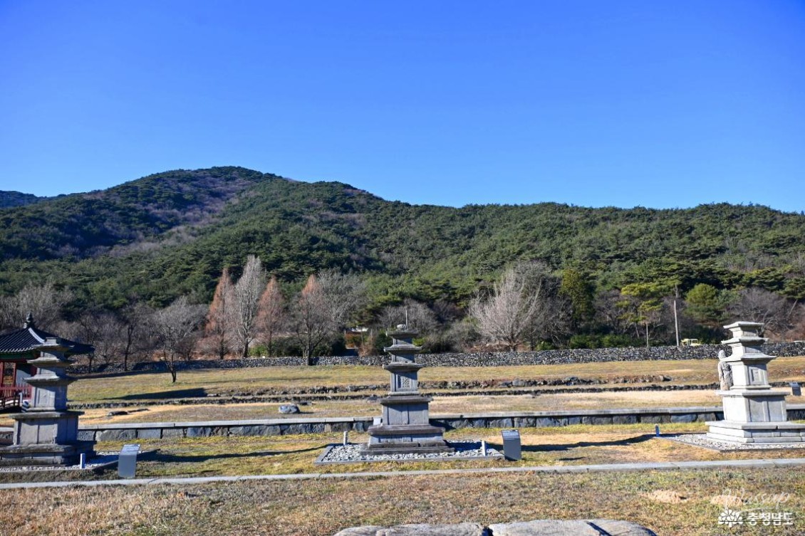 Five-story stone pagoda and stone lantern in front of the Seongju Temple Site main hall