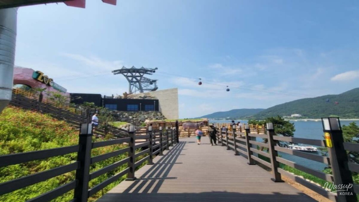 Red sunset viewed from the coastal deck at Choyangdo Trail in Sacheon.