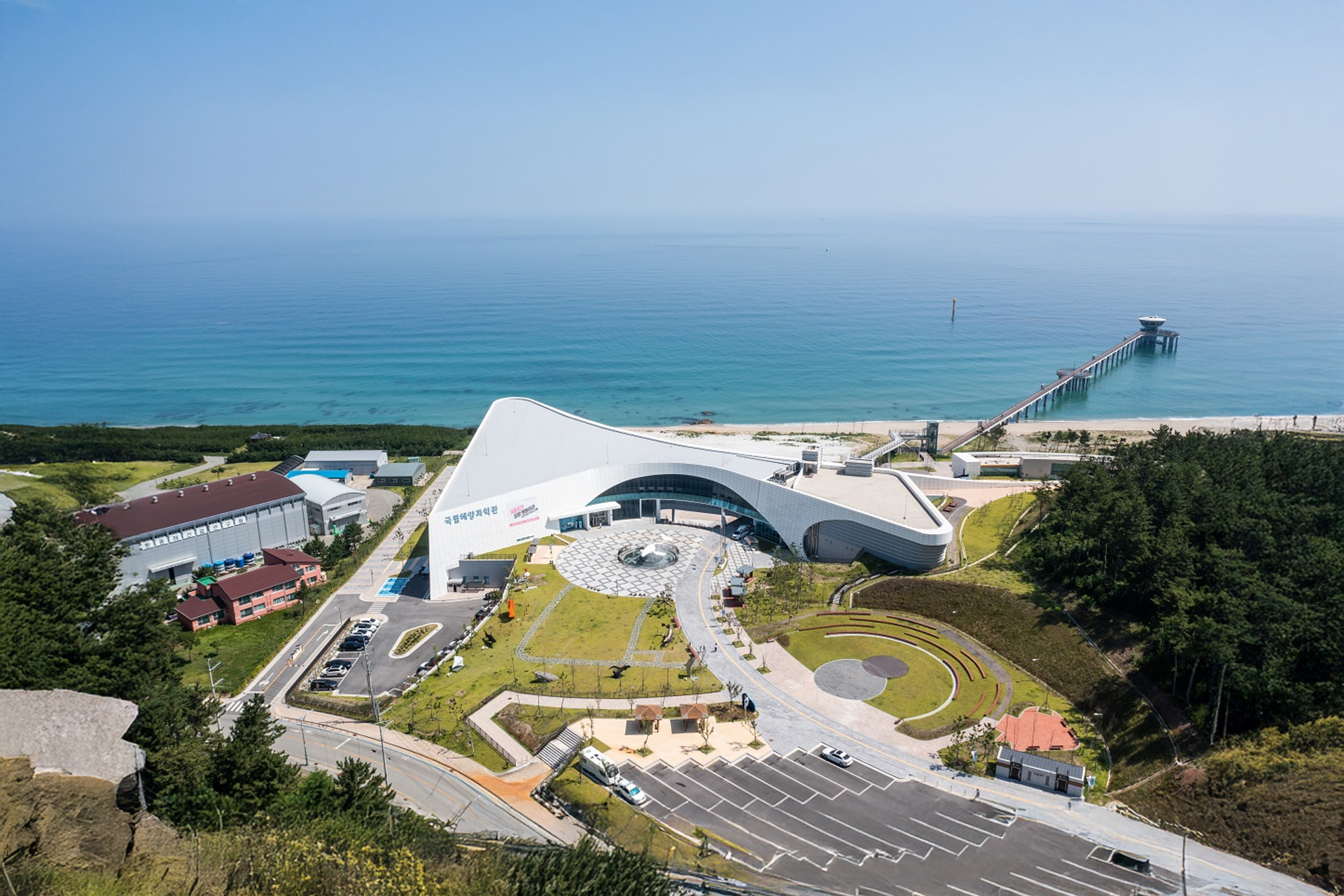 The modern exterior of the National Marine Science Museum in Uljin located right by the sea