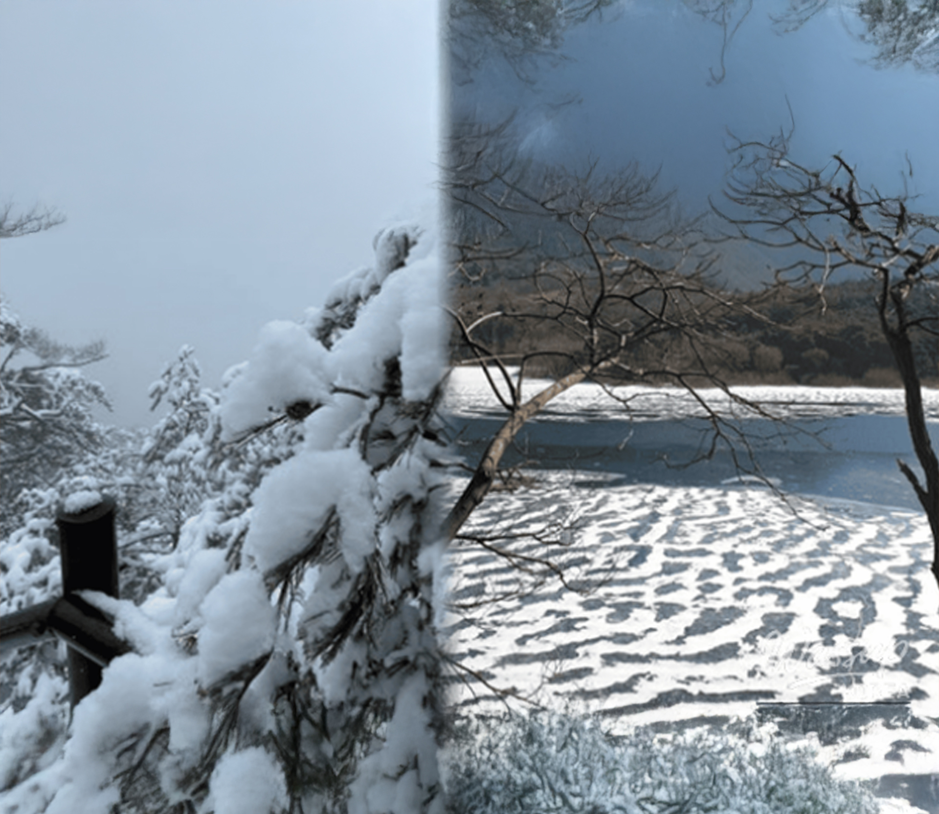 Panoramic winter view of the misty Goesan Lake and surrounding mountains