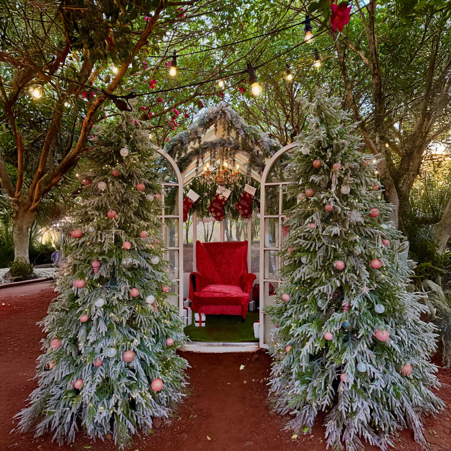 Artificial snowfall and Christmas decorations at Eco Land Santa Village in Jeju