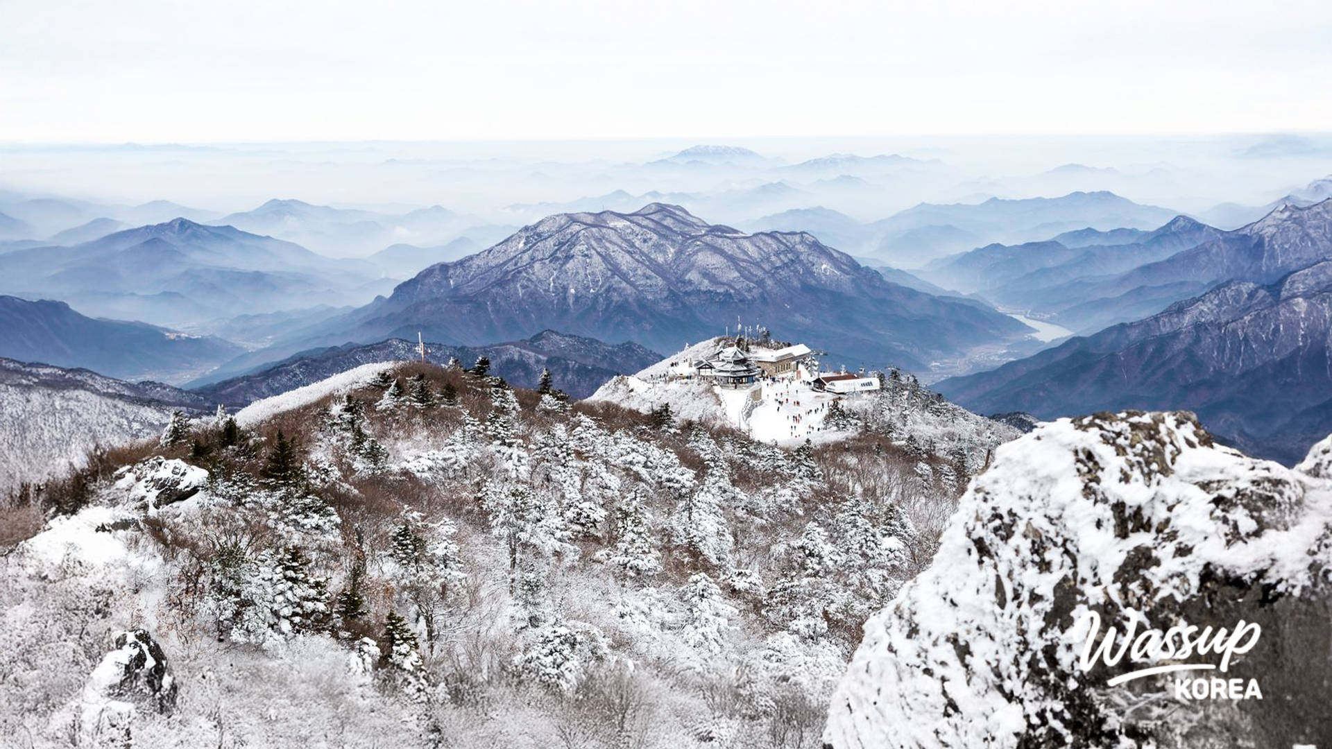 Breathtaking winter landscape of a Korean mountain covered in white snow