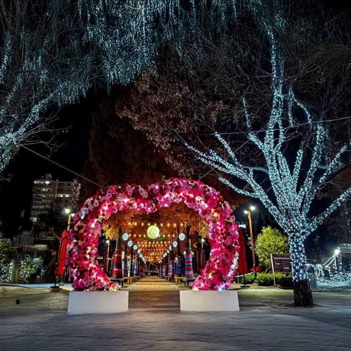 Night view of Jeonggwan Witgok Park illuminated with light street installations