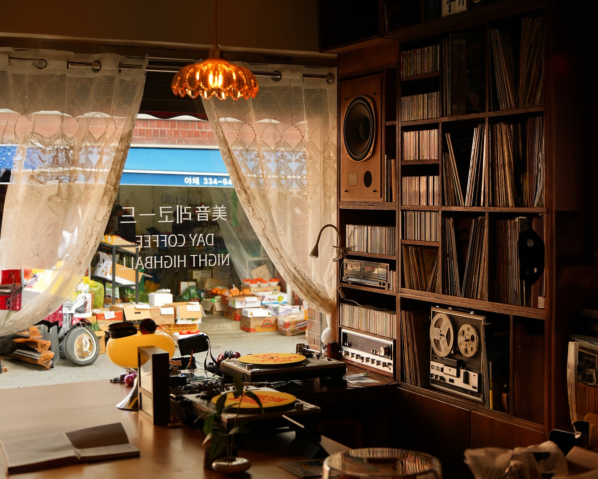 Exterior view of Mi-eum Record LP bar in Hongdae with a retro mood