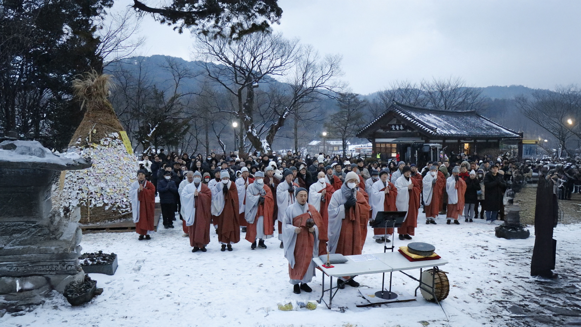 A serene evening view of Bongeunsa Temple decorated for the New Year celebration